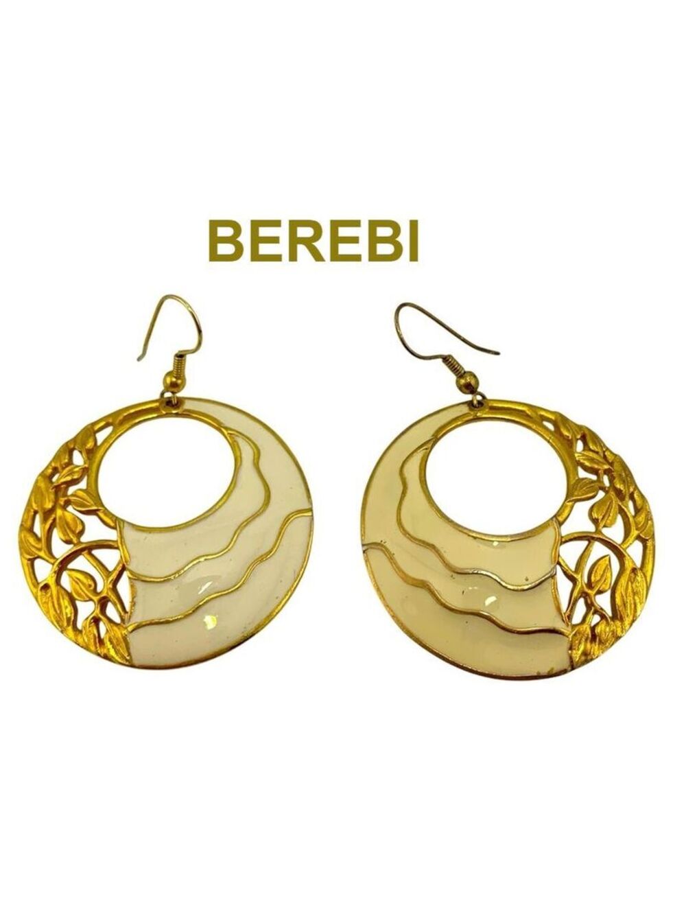 Vintage BEREBI Gold Plate Open Vine Leaves Enamel Earrings Signed 1980s 1-1/2"